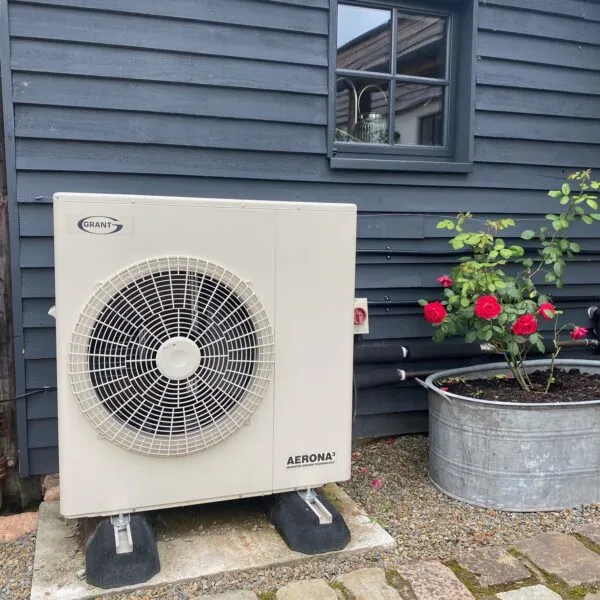 Grant 9kW air source heat pump providing all the heating and hot water.